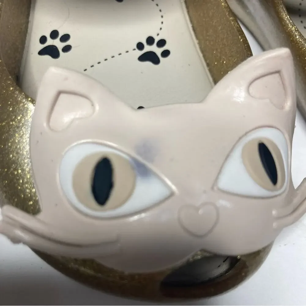 Mini Melissa Ultragirl Glitter Gold Kitty Cat Mary Jane Jelly Flats Shoes